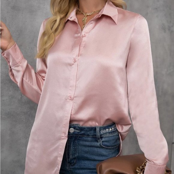 Pink Blouson Sleeve Satin Blouse - Picture 2 of 5